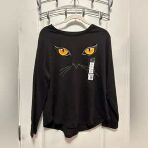 Women’s 1X black Cat Face‎ Meow Long Sleeve tee Top Shirt NWT